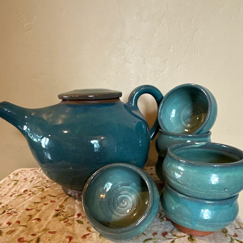 7-Piece Studio Pottery Tea Set - Teal Turquoise Glaze Teapot & 6 Matching Cups